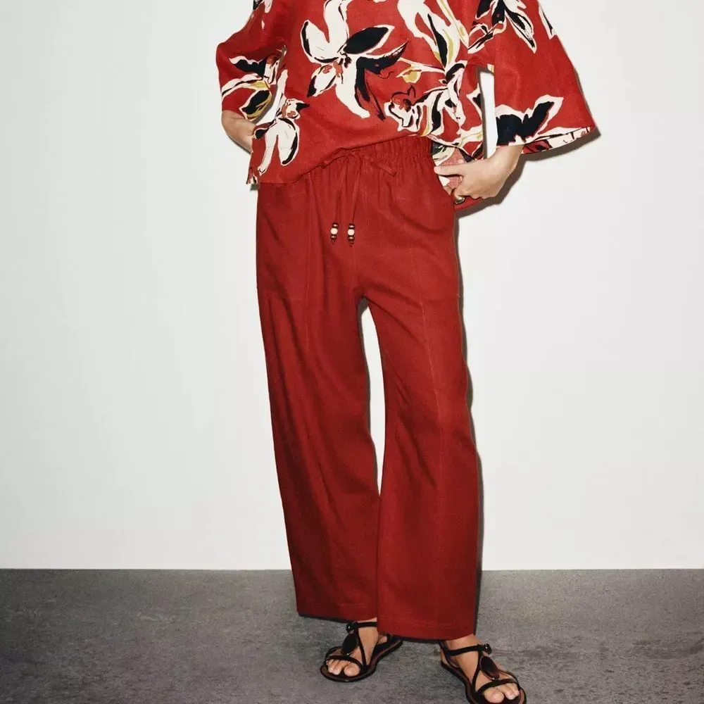 ZARA LINEN BEADED DRAWSTRING PANTS BRICK